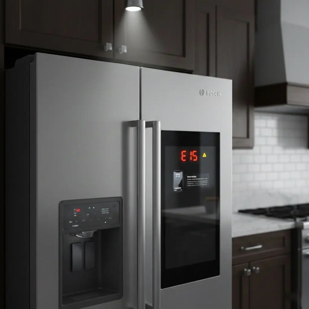 Close-up of Bosch refrigerator error codes showing on screen like E15 error code warning.