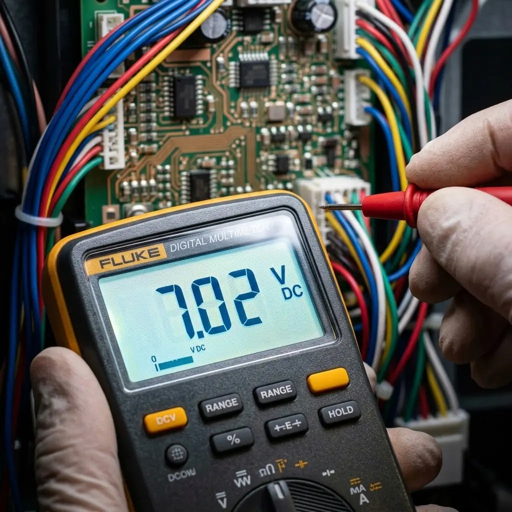 Digital multimeter showing 7V DC spike on a Kenmore Elite refrigerator control board.