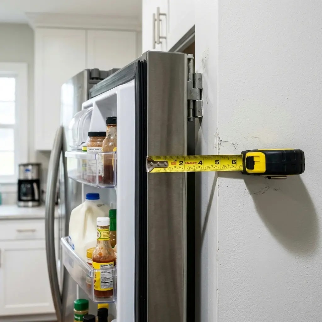 Close-up of Frigidaire Gallery door hitting a wall due to poor hinge clearance.
