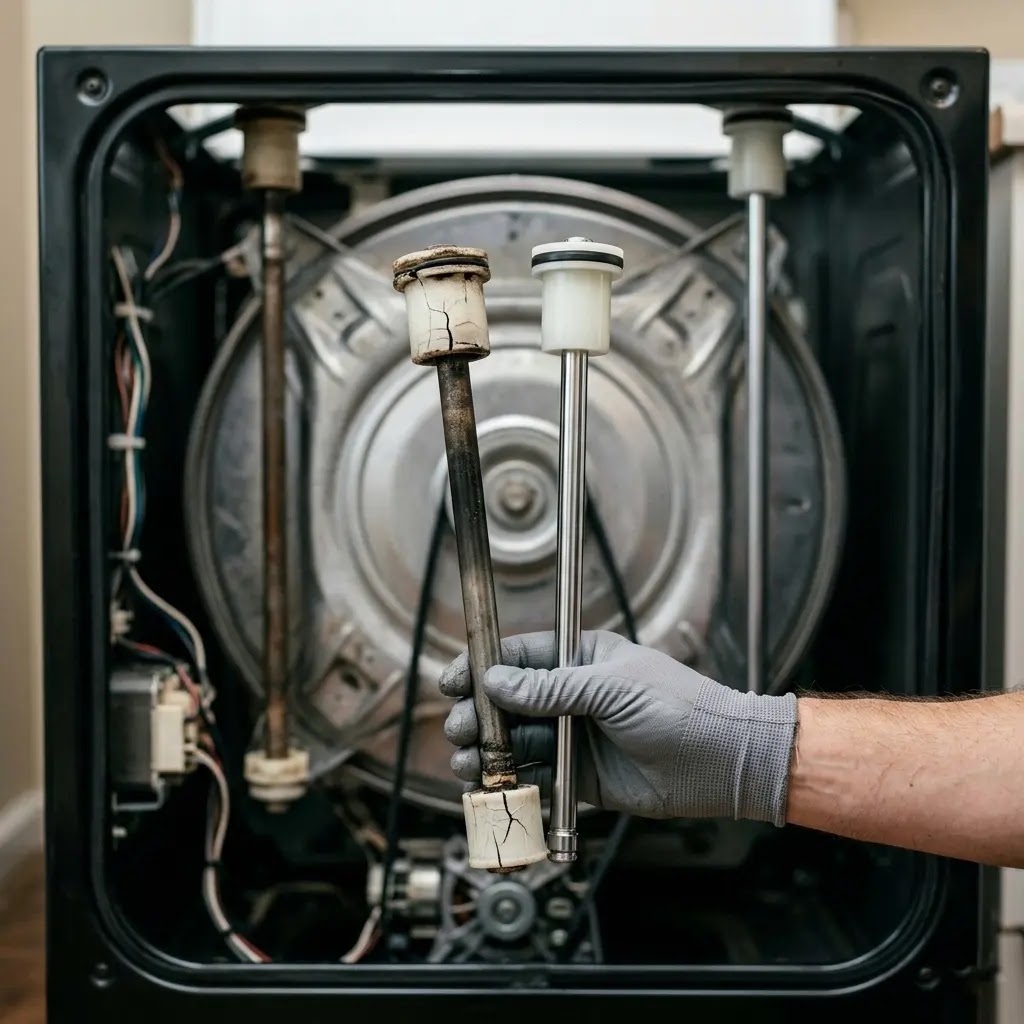 A technician comparing an old worn-out washing machine suspension rod with a new replacement part.