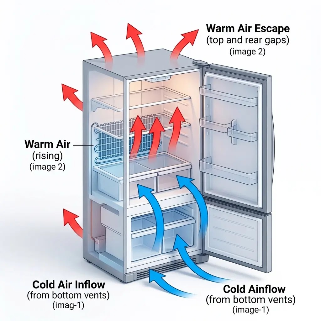 Illustration showing required air gaps for refrigerator ventilation to prevent compressor failure.