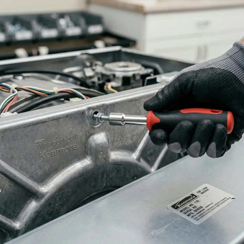 Using a 5/16 nut driver to remove the back panel of a Kenmore 110 series washer.
