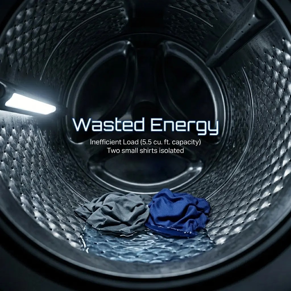 Visual representation of energy waste when washing small loads in a large drum.