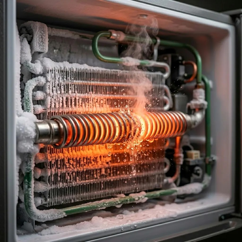 A 450W defrost heater glowing orange inside a Kenmore refrigerator to melt ice.