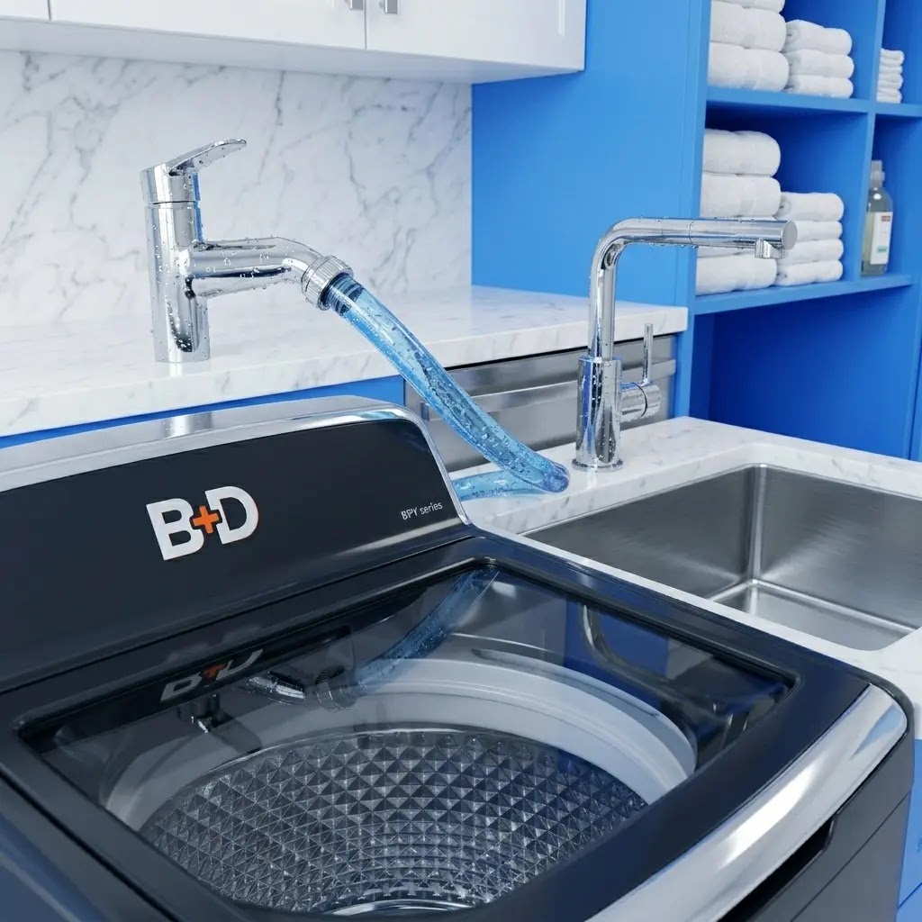 Black+Decker portable washing machine with quick-connect faucet adapter system.