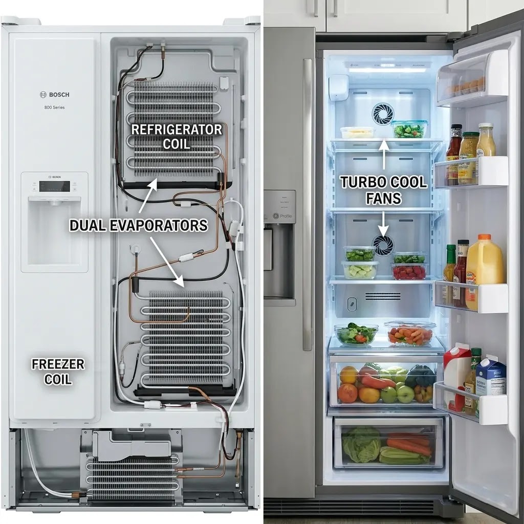 Technical comparison of Bosch dual compressor vs GE Profile cooling systems.
