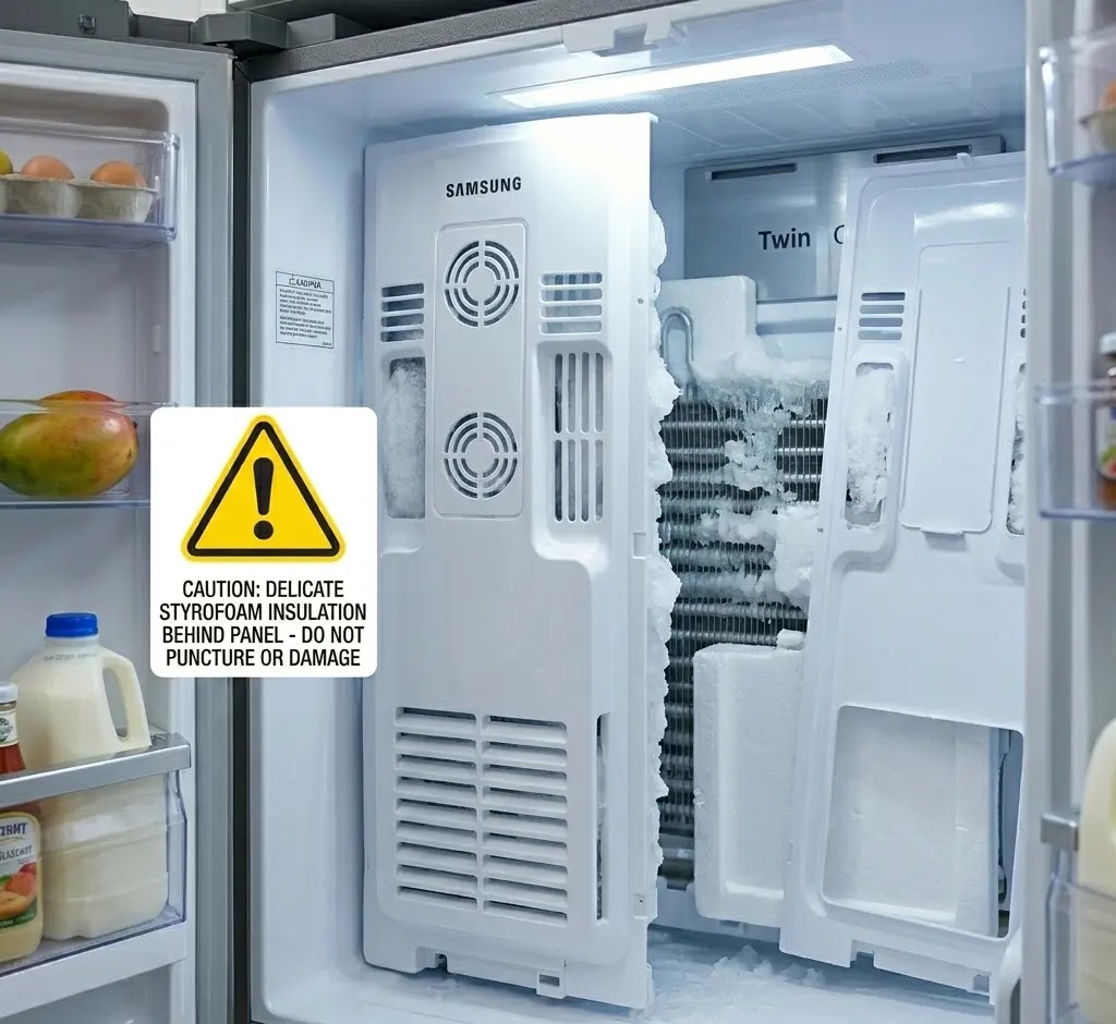 Ice buildup behind the Samsung refrigerator evaporator panel causing drain clogs.