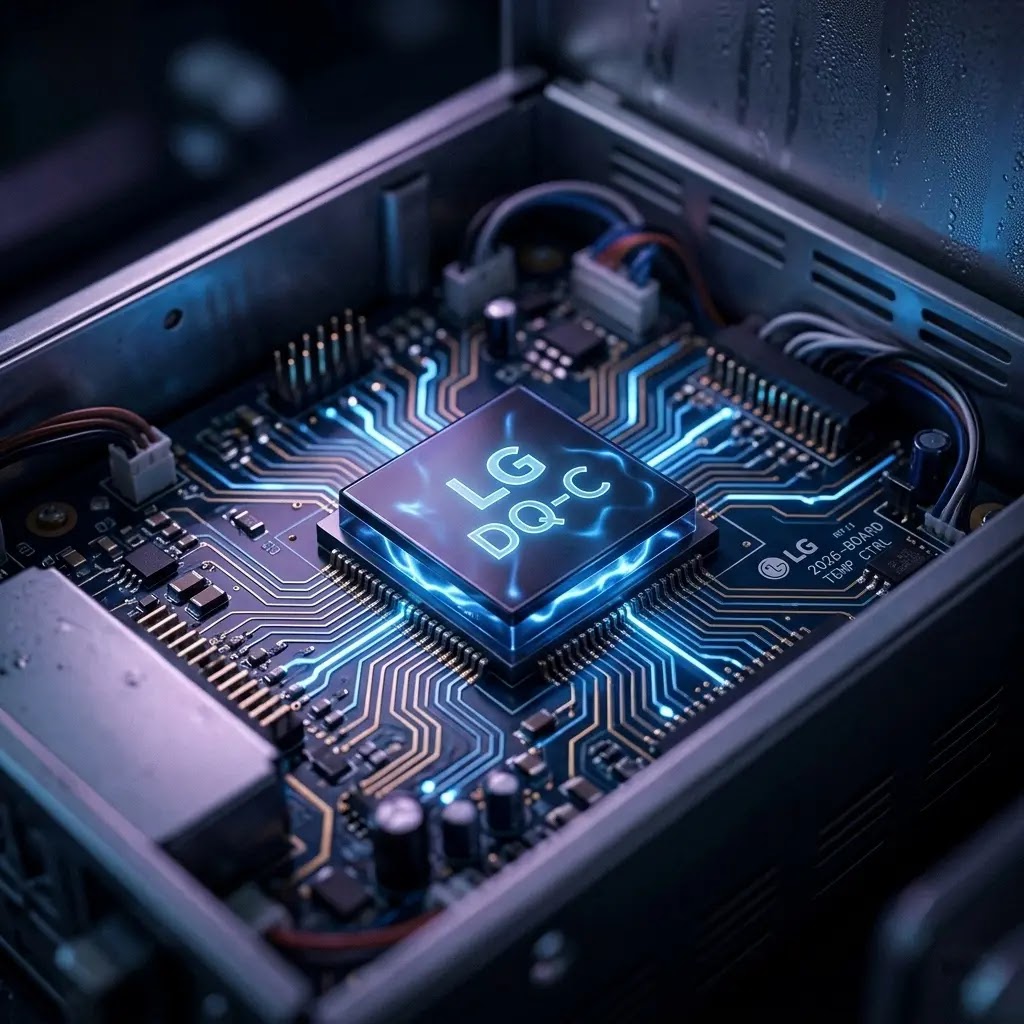 Close-up of the 2026 LG DQ-C AI chip powering ThinQ UP 2.0 software updates.
