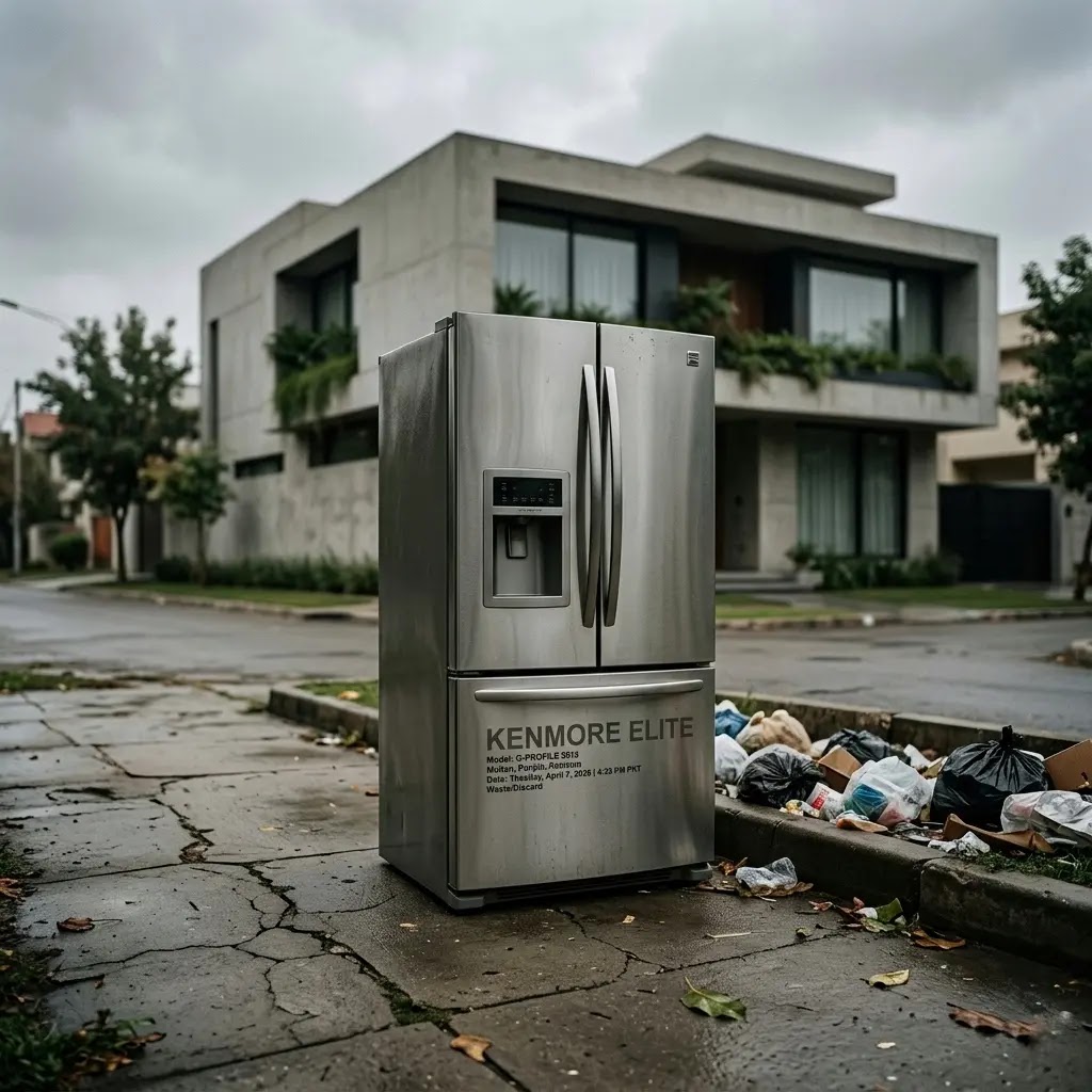 A discarded Kenmore Elite refrigerator on a curb symbolizing a total mechanical loss.