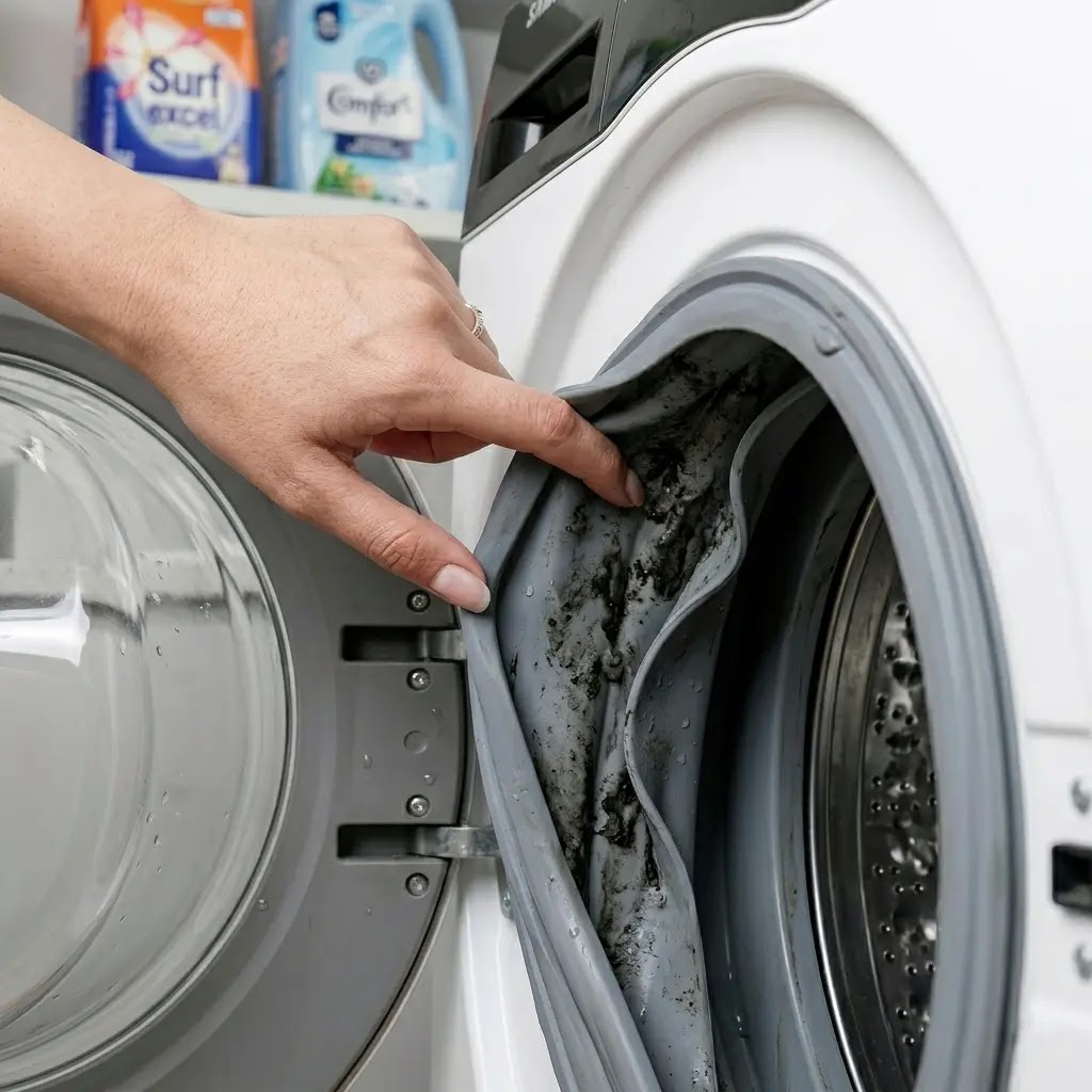 Black mold and biofilm buildup hidden inside the rubber seal of an LG washing machine.