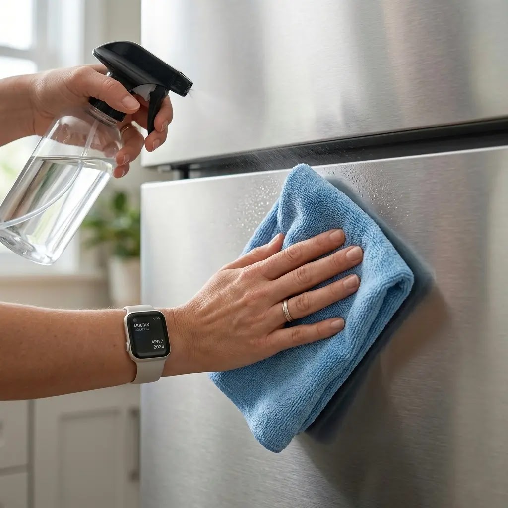 Cleaning Frigidaire smudge-proof stainless steel with a microfiber cloth.