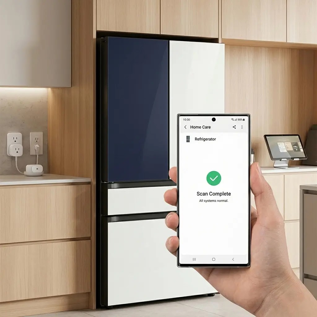 Using Samsung SmartThings app to diagnose and reset refrigerator error codes remotely.