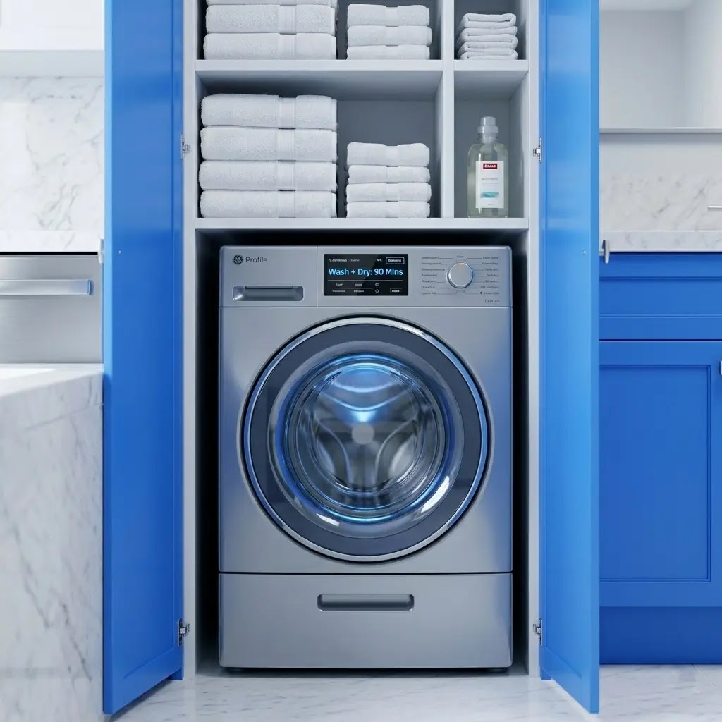 GE Profile UltraFast ventless heat pump washer-dryer combo for small spaces.