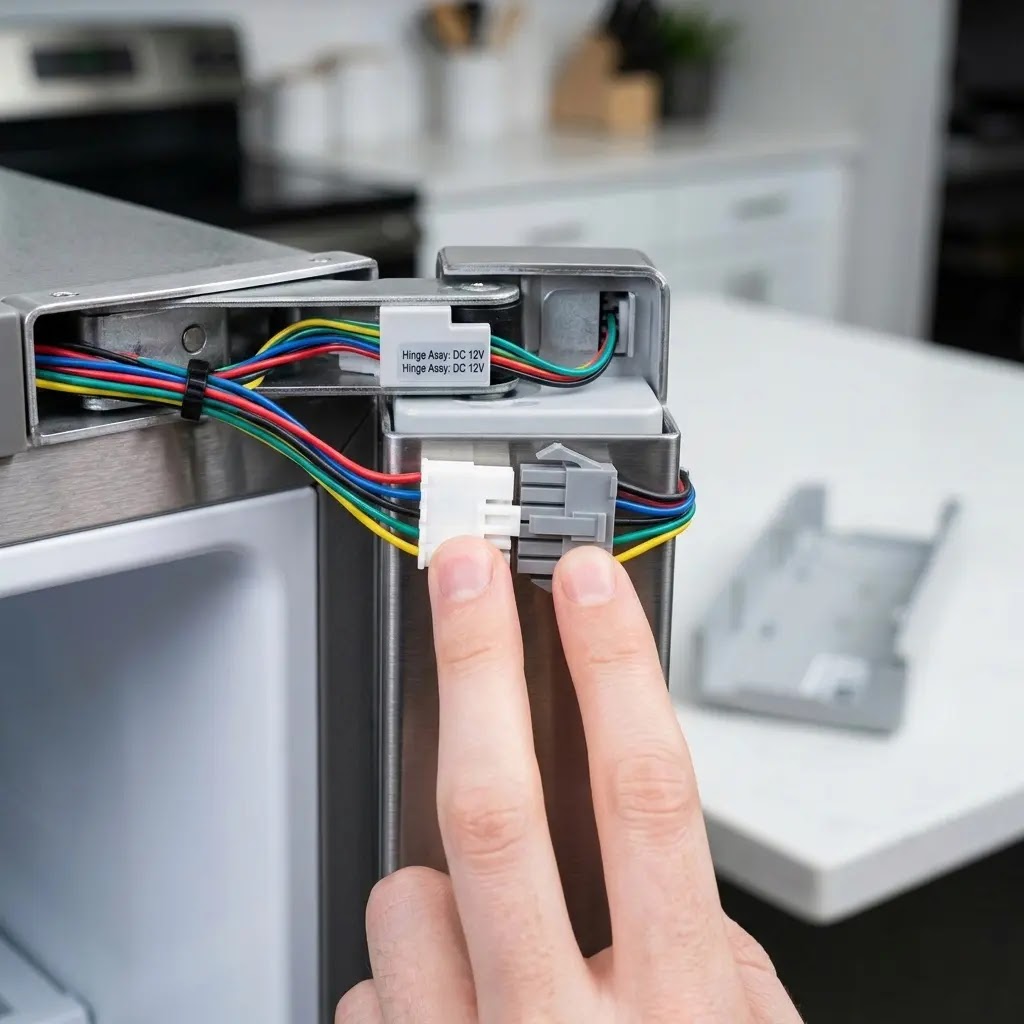 Reconnecting the wire harness on top of a Samsung fridge to fix PC communication error.