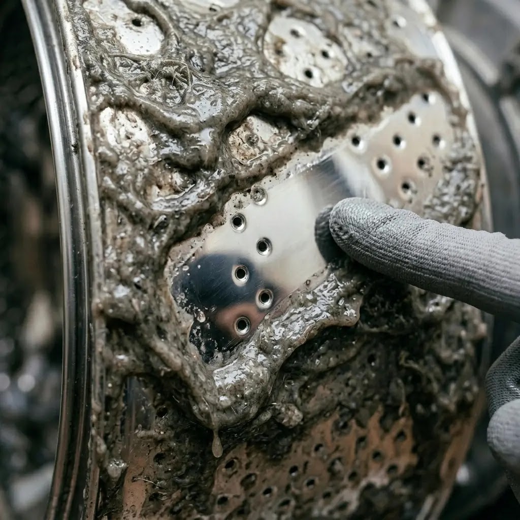 Gray bacterial biofilm and soap scum buildup on a washing machine outer tub.