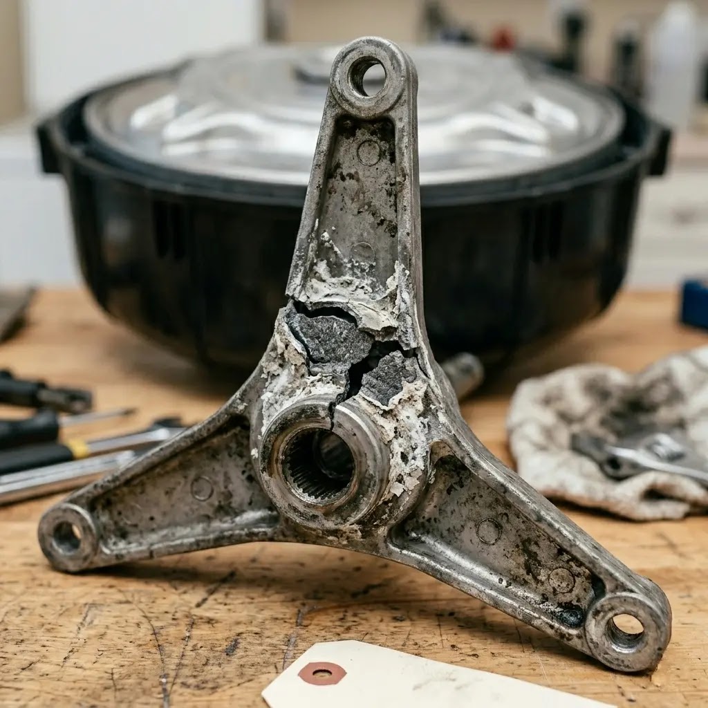 Macro close-up of a fractured aluminum spider arm bracket removed from a Samsung-built Kenmore washer.