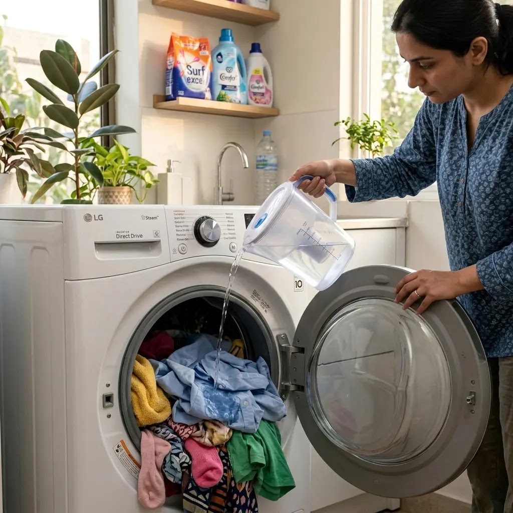 Pouring water into an LG washer drum to trick the load sensor for a deeper water fill.