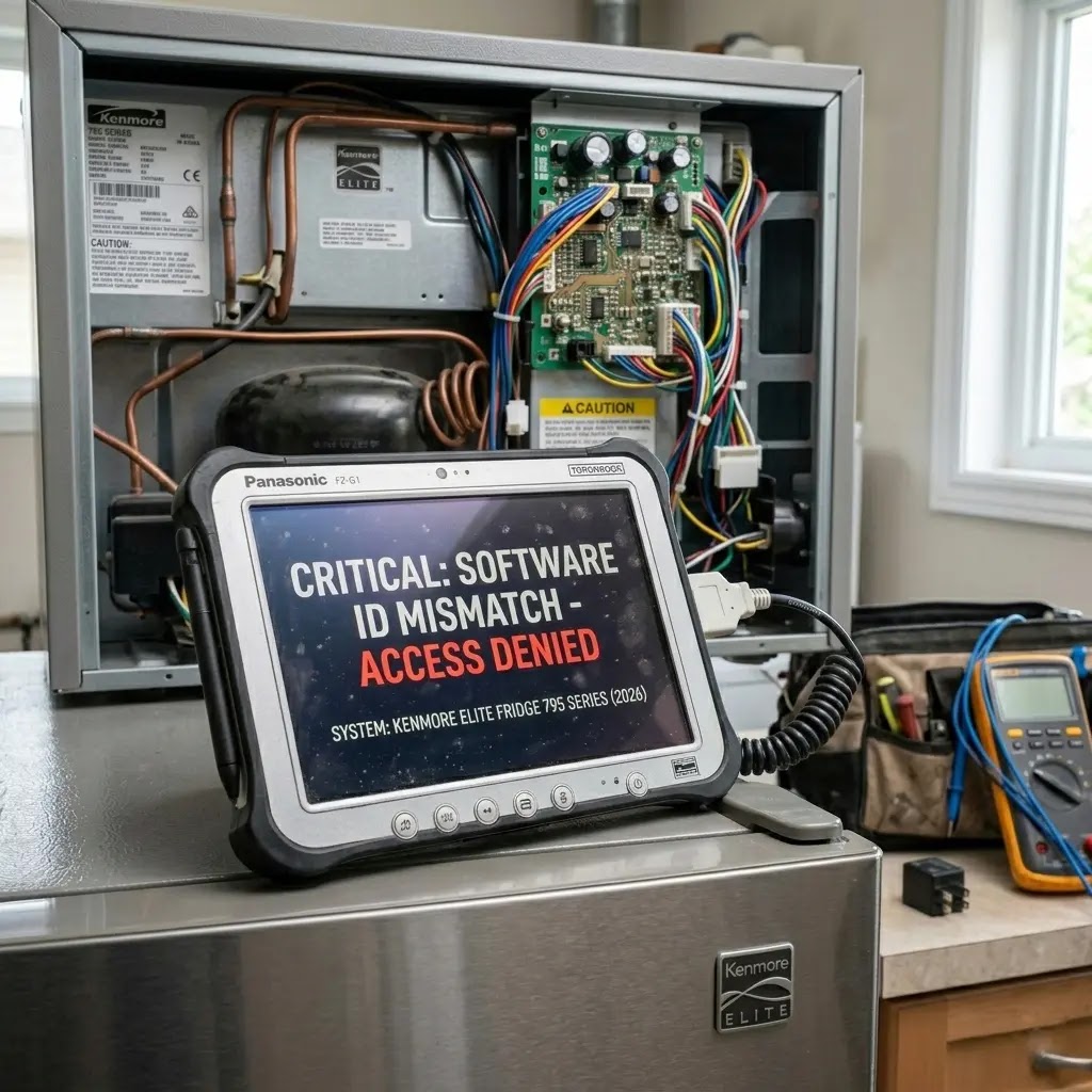 Diagnostic tablet showing software ID mismatch error on a Kenmore LG-made refrigerator.