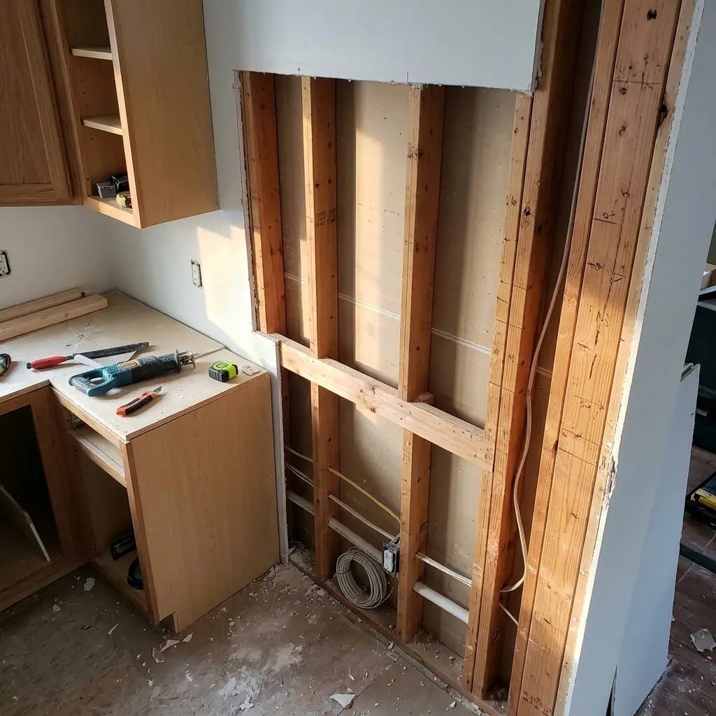 A recessed wall cutout designed to push a refrigerator back for a true built-in look.