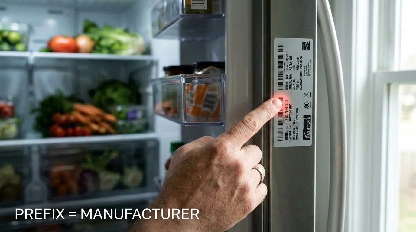 A person pointing to the 3-digit prefix 106 on a reliable Whirlpool-built Kenmore refrigerator tag.