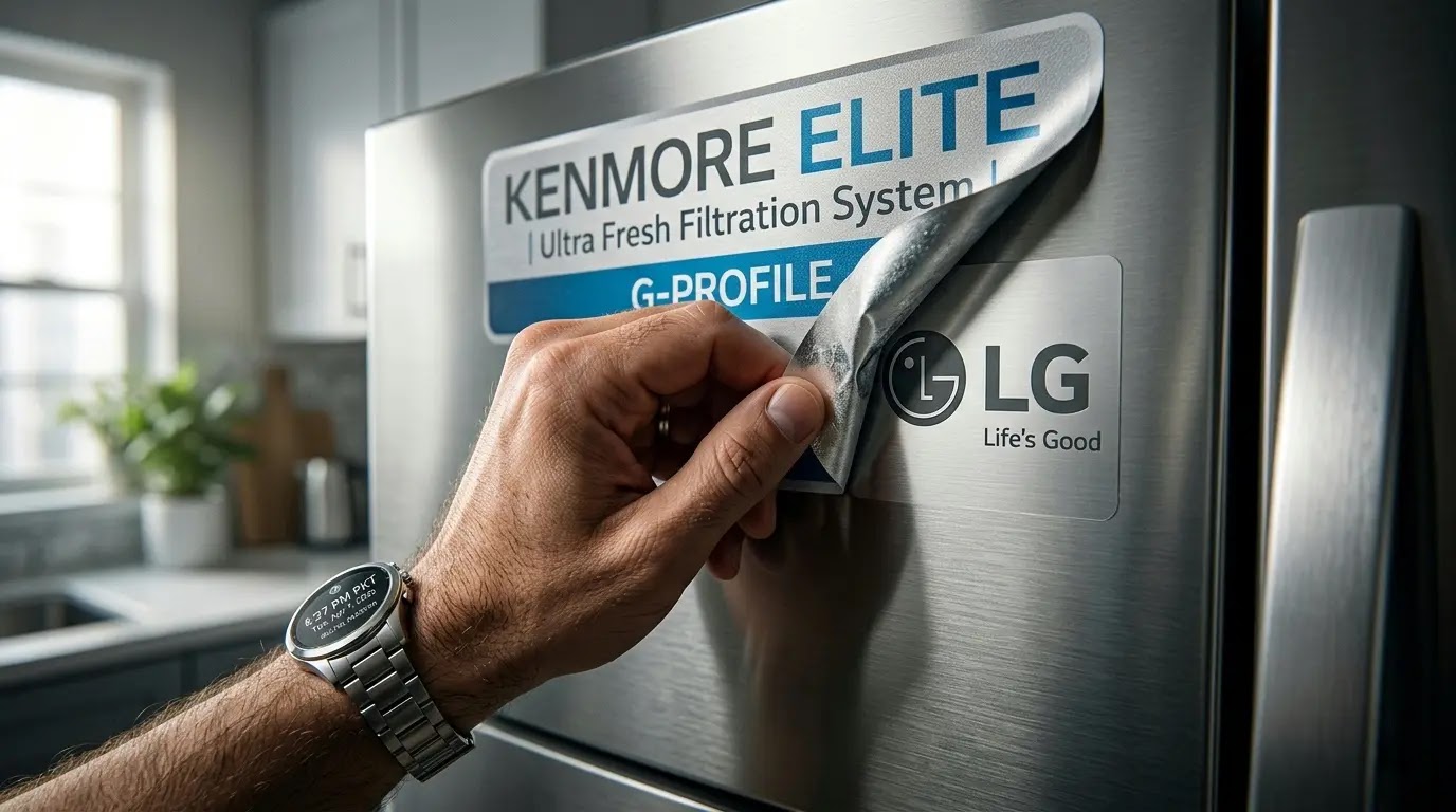 Revealing the hidden LG manufacturer logo behind a Kenmore Elite refrigerator badge.