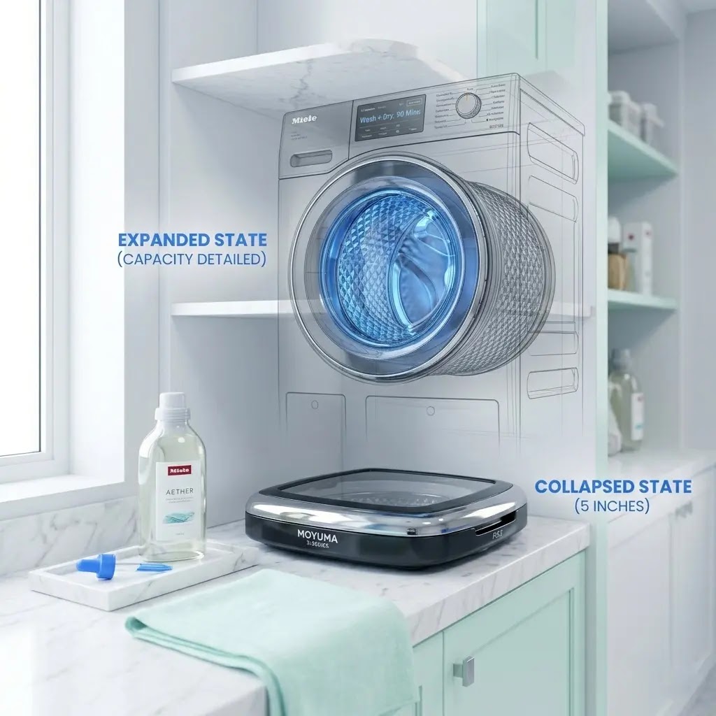 Moyuma X-Series foldable mini washing machine for micro-studio apartments.