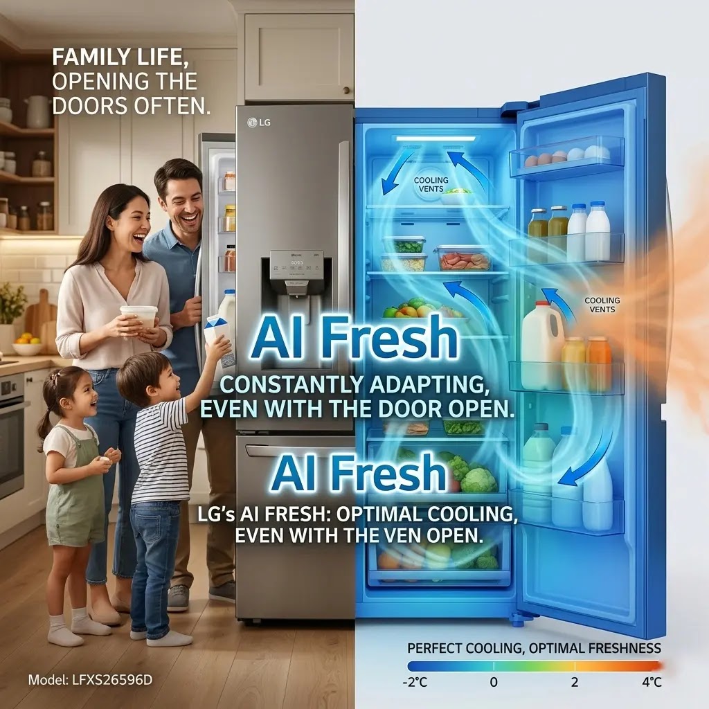 Visualization of LG AI Fresh predictive cooling managing temperature spikes.