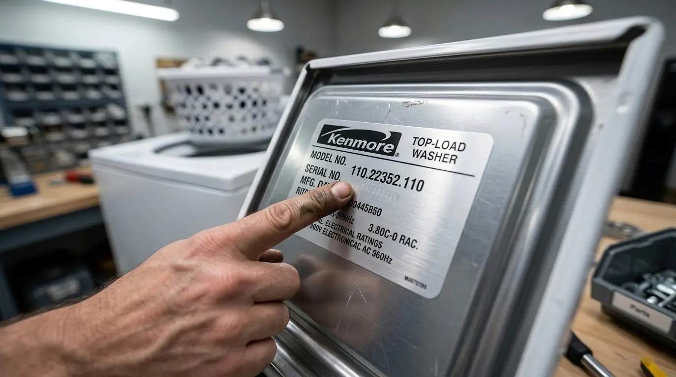A person pointing to the 3-digit prefix on a Kenmore refrigerator identification tag to identify the manufacturer