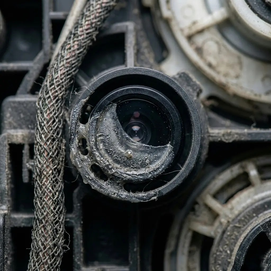 Close-up of biofilm buildup on an LG washing machine infrared soil sensor.