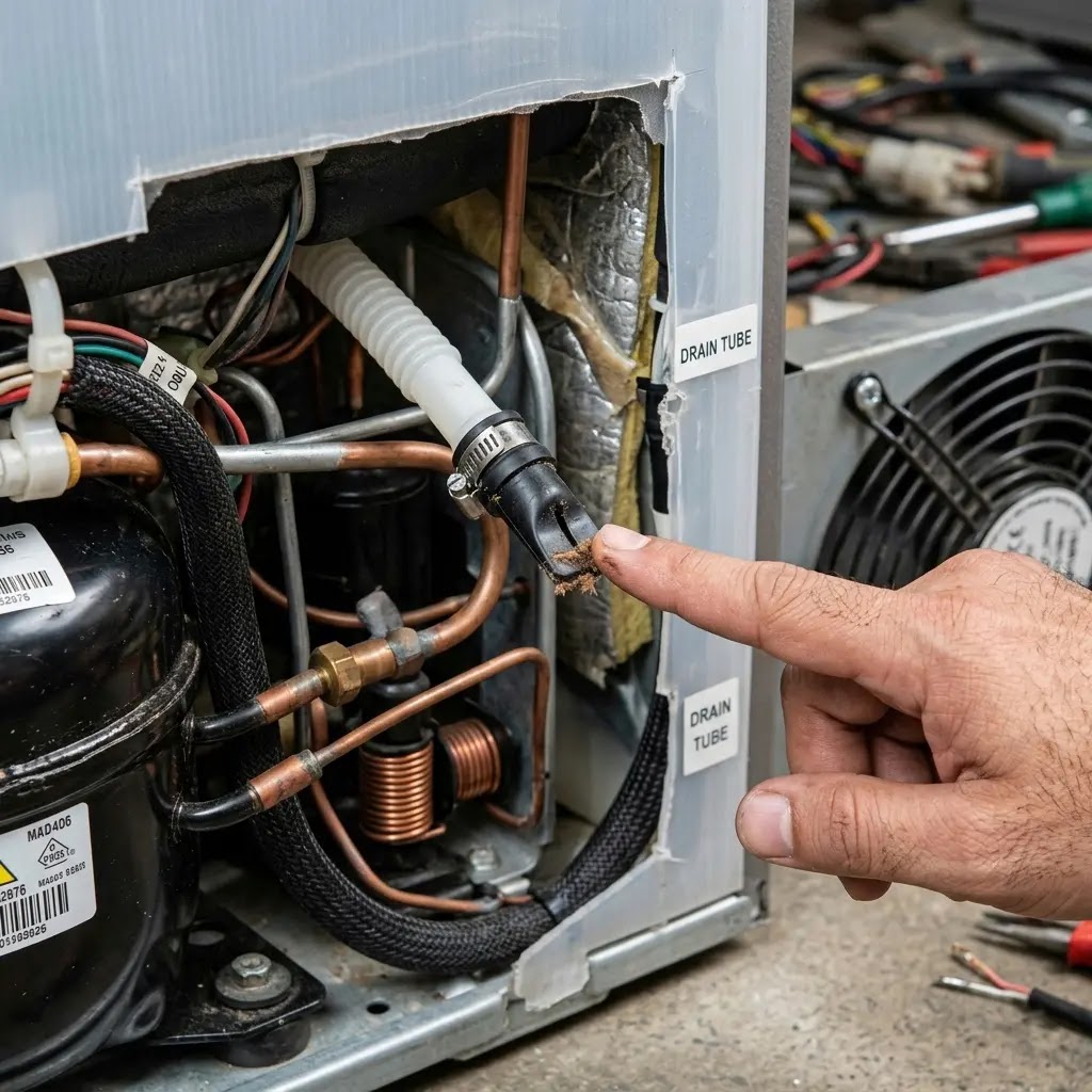 Locating and cleaning the rubber duckbill drain valve on the back of a Samsung fridge.