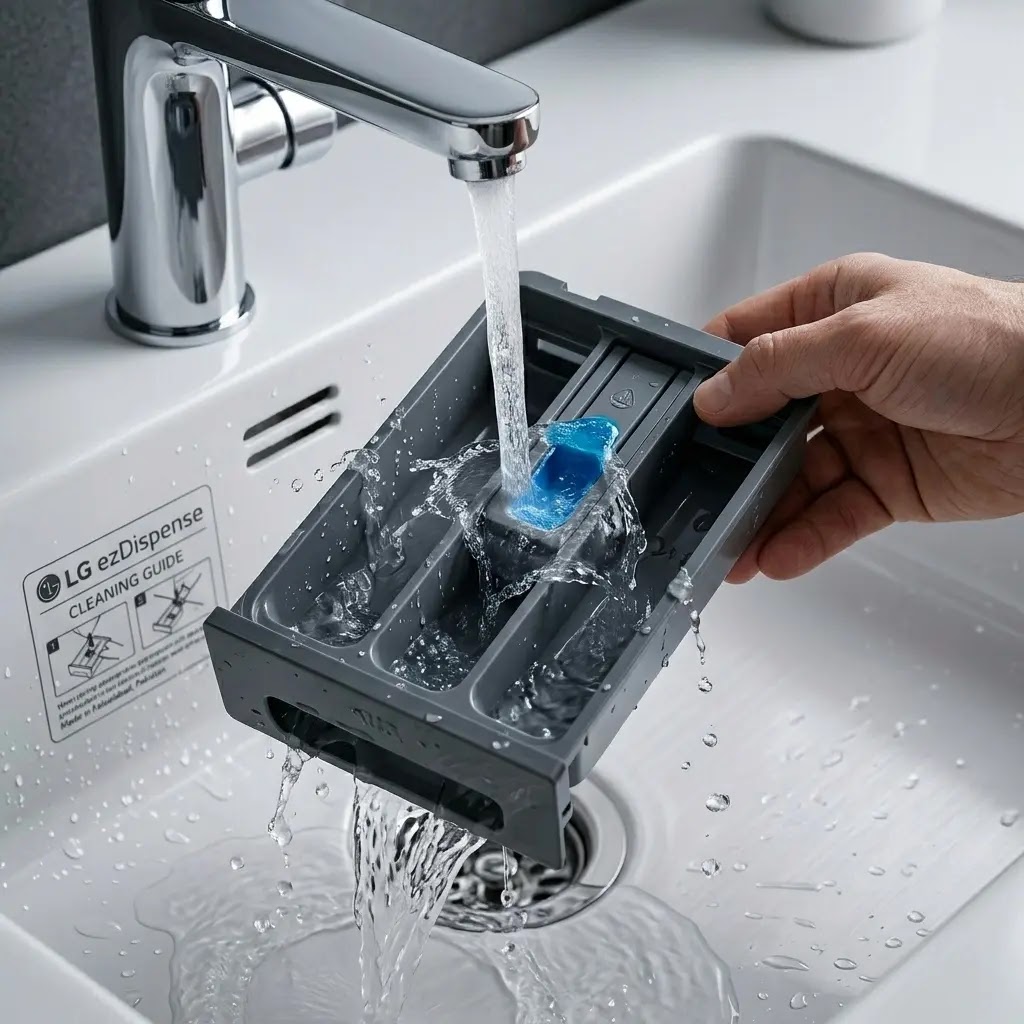 Rinsing the LG ezDispense detergent drawer under warm water to remove soap buildup.