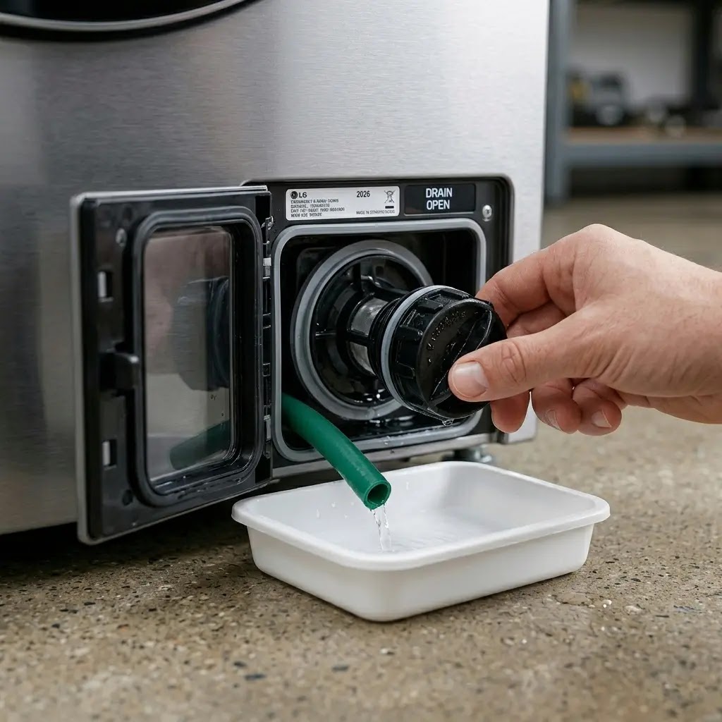 Opening and cleaning the drain pump filter at the bottom of an LG washing machine.