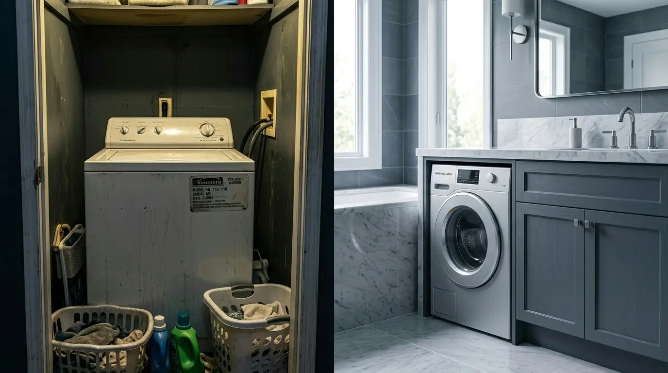 Comparison of bulky traditional washer vs space-saving compact washer for apartments.