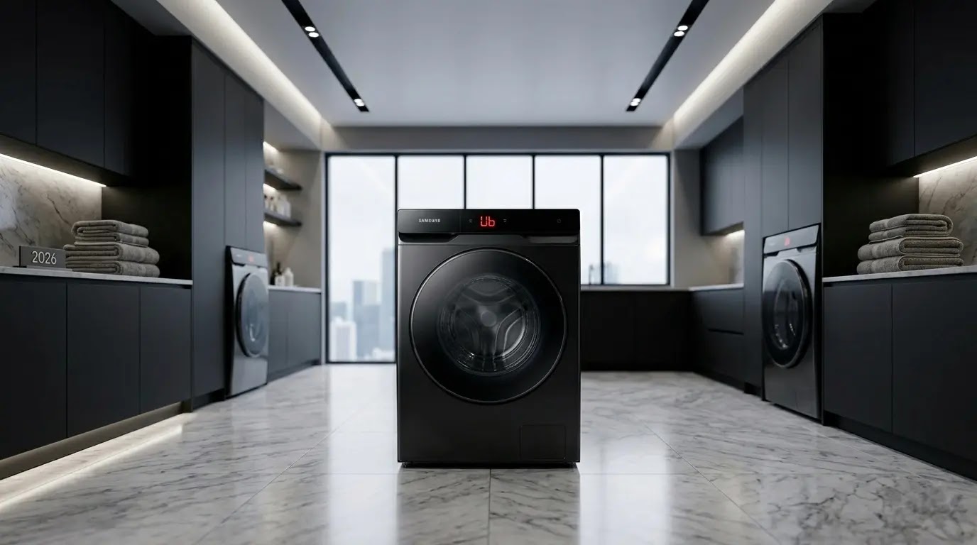 A luxury Samsung Bespoke washing machine displaying a Ub error code on its digital panel.