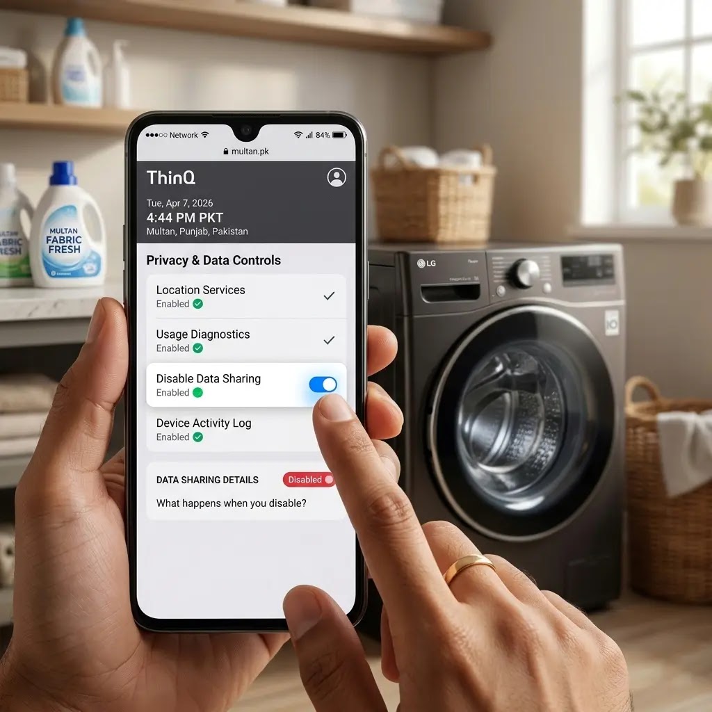 User disabling data sharing in the LG ThinQ app to improve washing machine UI speed.