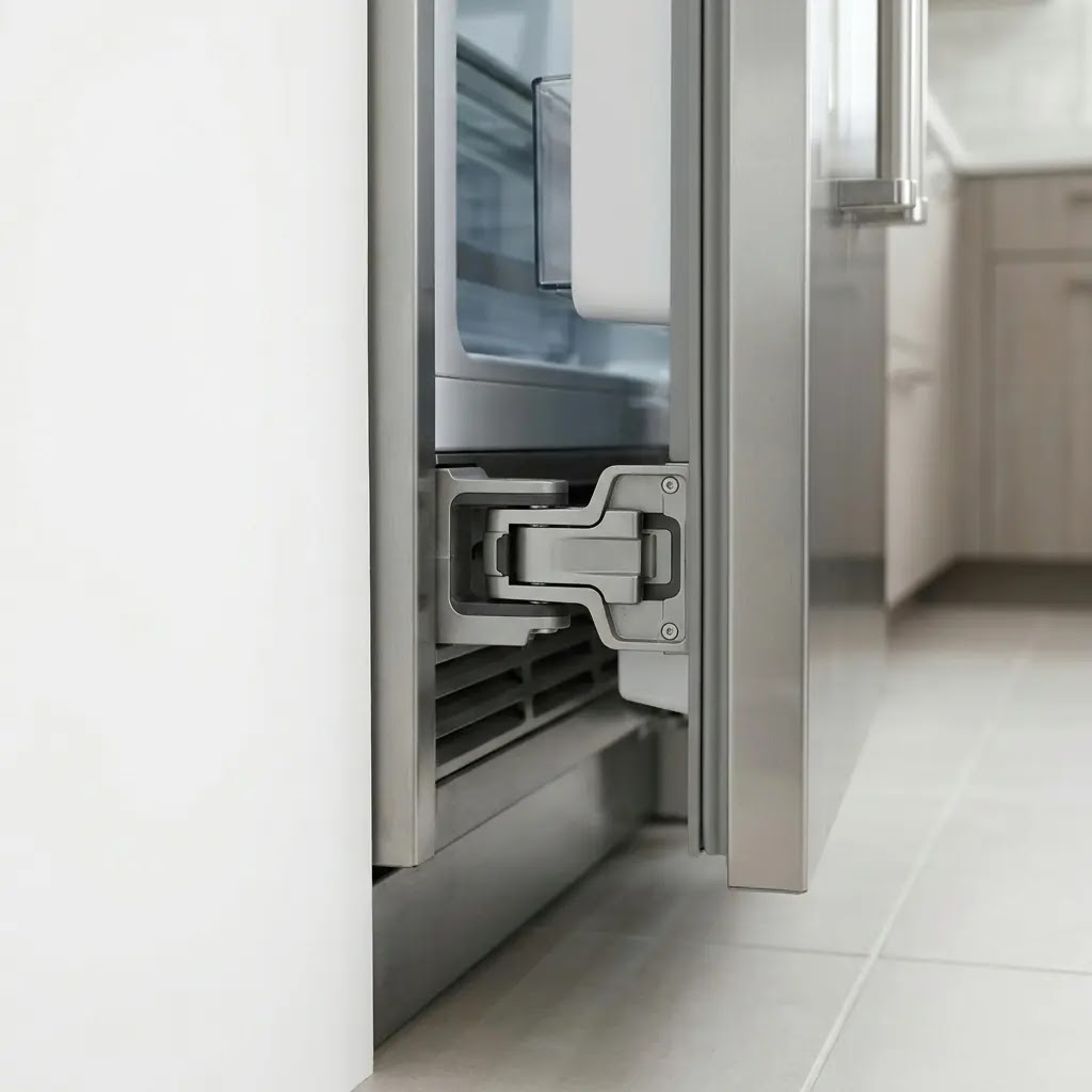 Technical close-up of a zero-clearance hinge allowing refrigerator doors to open in tight spaces.