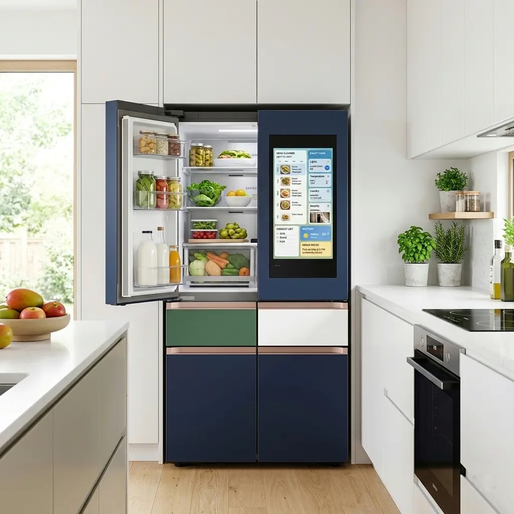 Samsung Bespoke refrigerator with Family Hub smart screen and modern design.