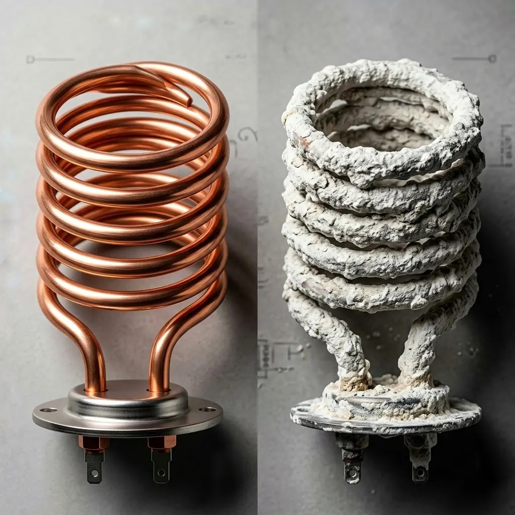 Comparison of a clean vs. hard water scaled heating element in an LG washer.