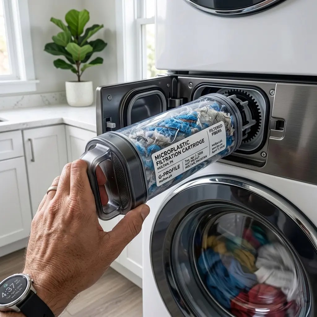 Technician removing the 2026 mandatory microplastic filter from an LG washing machine.