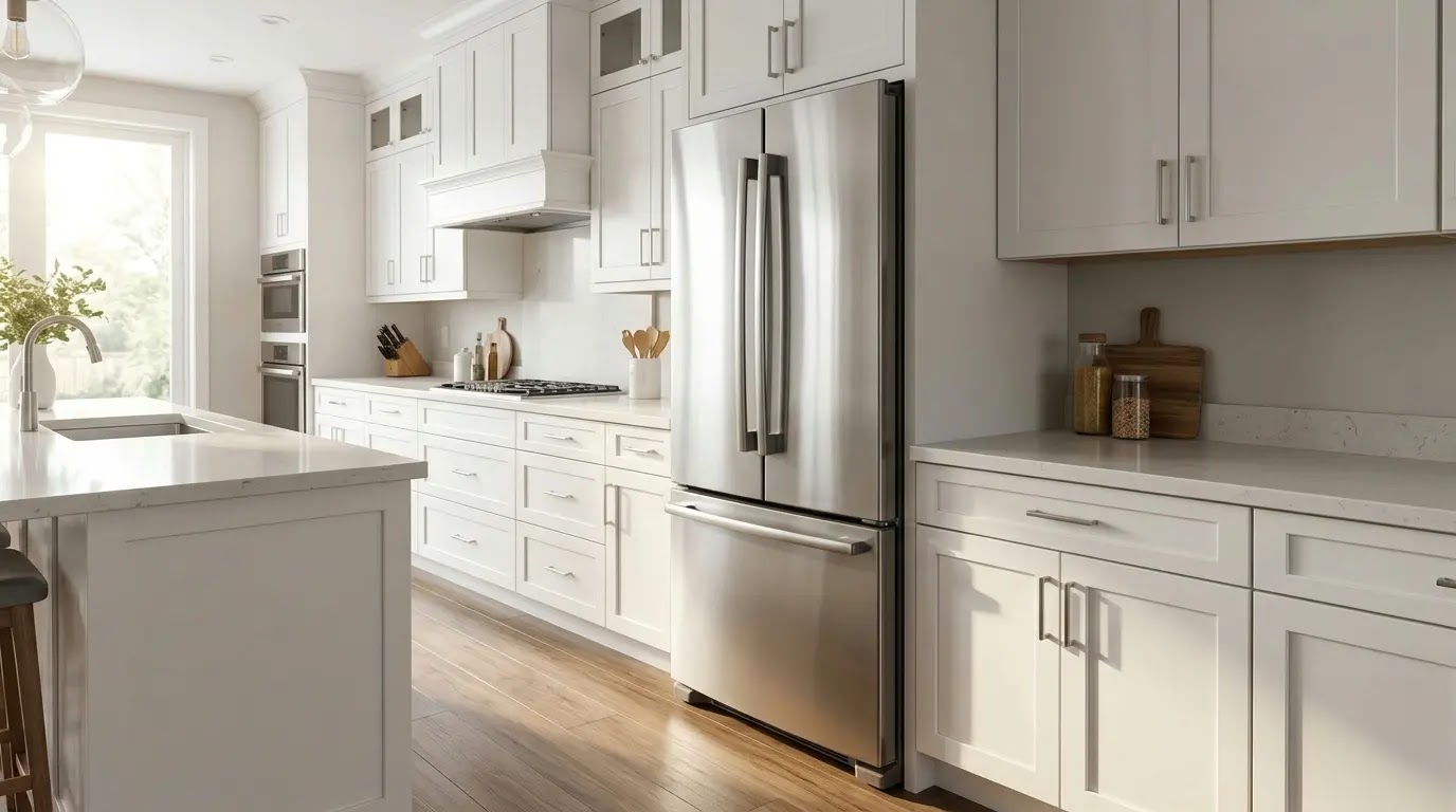 A side view of a counter-depth refrigerator showing how it fits against standard kitchen cabinets.