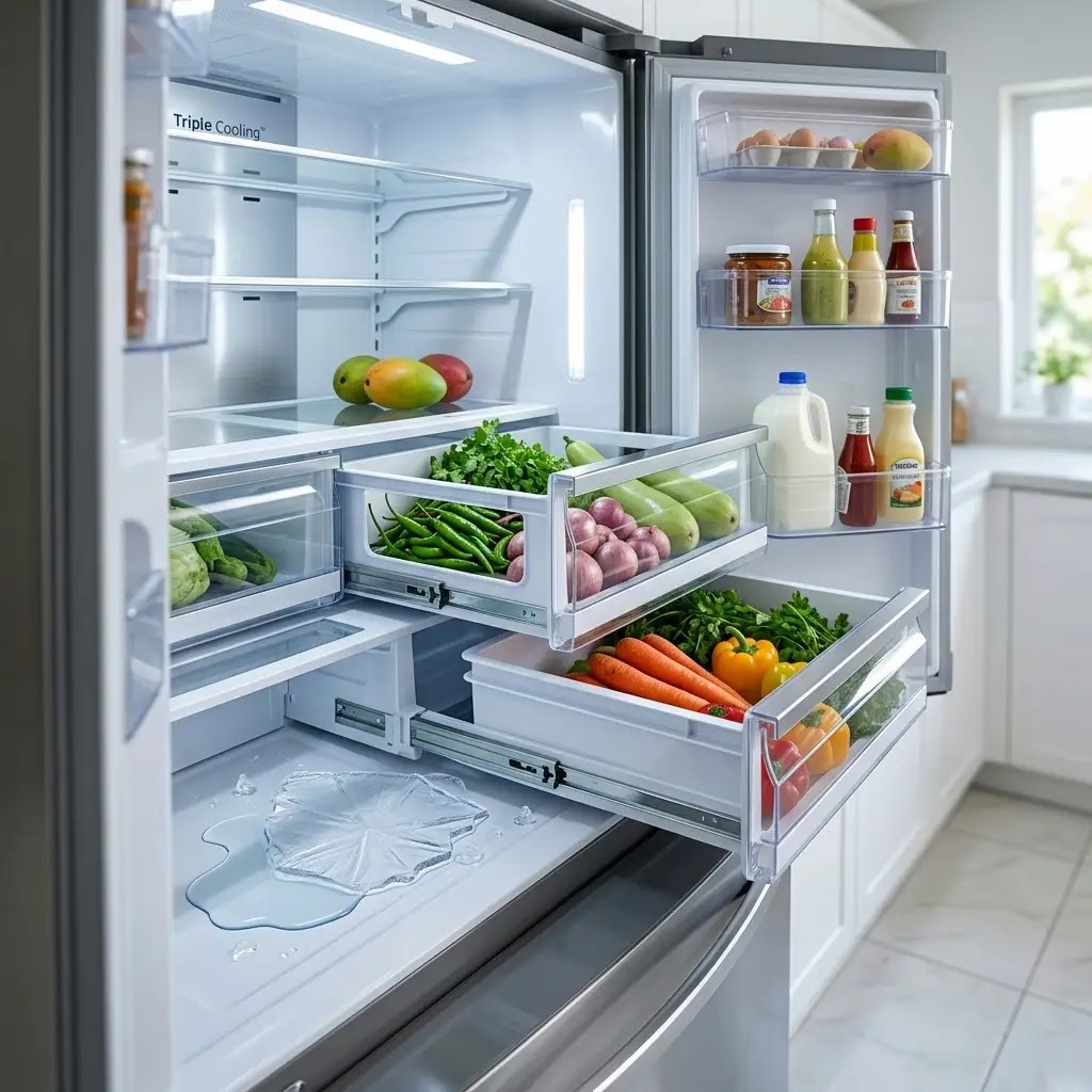 Water pooling under the vegetable drawers inside a Samsung French Door refrigerator.