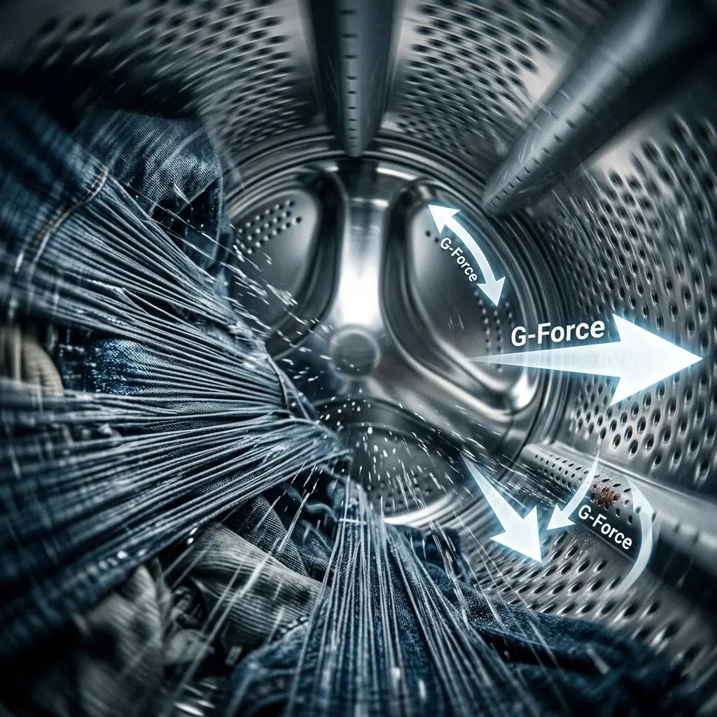 High-speed spin cycle in a washing machine drum showing centrifugal force and stress vectors on the metal.