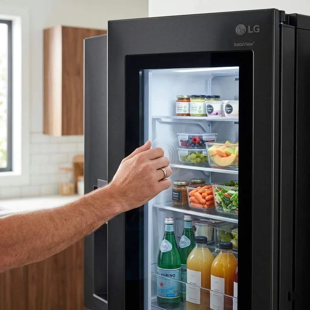 LG French Door refrigerator featuring InstaView technology and smart inverter compressor.