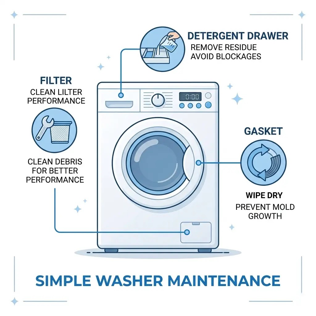 Infographic showing the three main areas to clean in an LG washer to prevent bad smells.