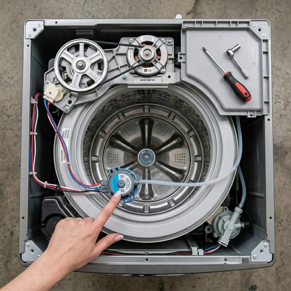 Locating the internal pressure switch sensor inside an LG washer for water level adjustment.