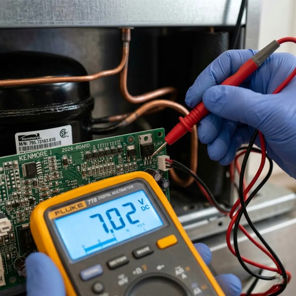 A digital multimeter showing an unstable 7V DC signal spike on a Kenmore refrigerator control board.