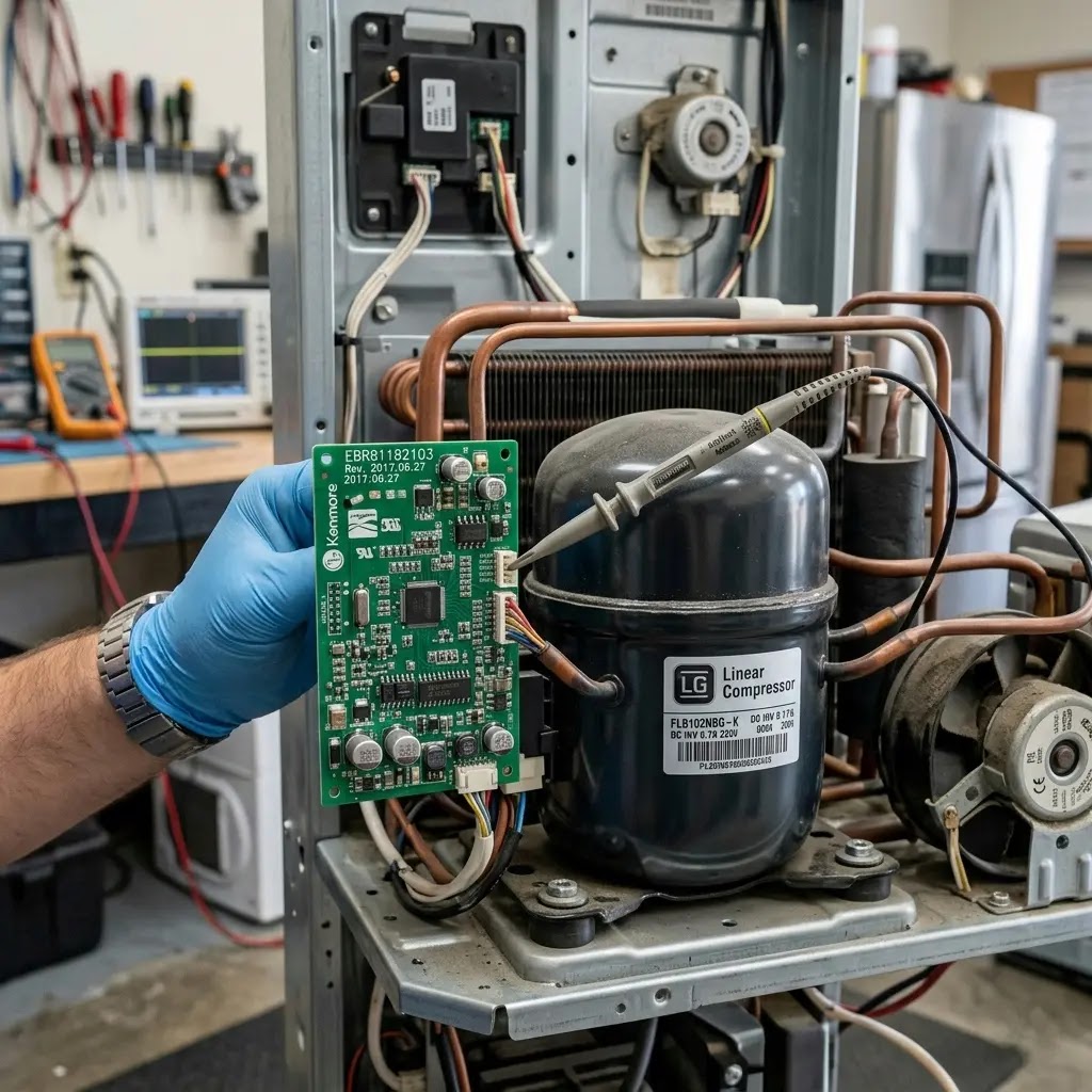 A technician using an oscilloscope to measure the stroke of an LG-made Kenmore Elite linear compressor.