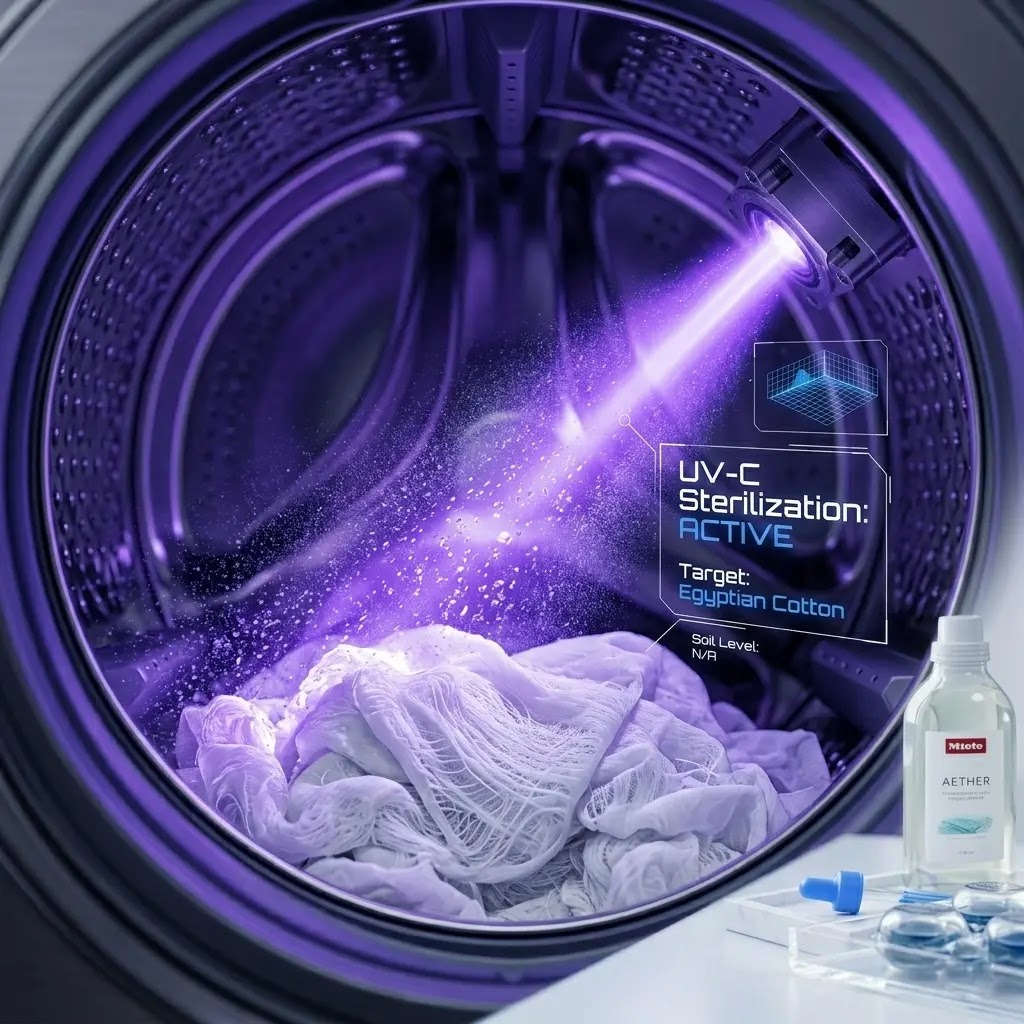 UV-C light sanitizing clothes in a Whirlpool smart washing machine.