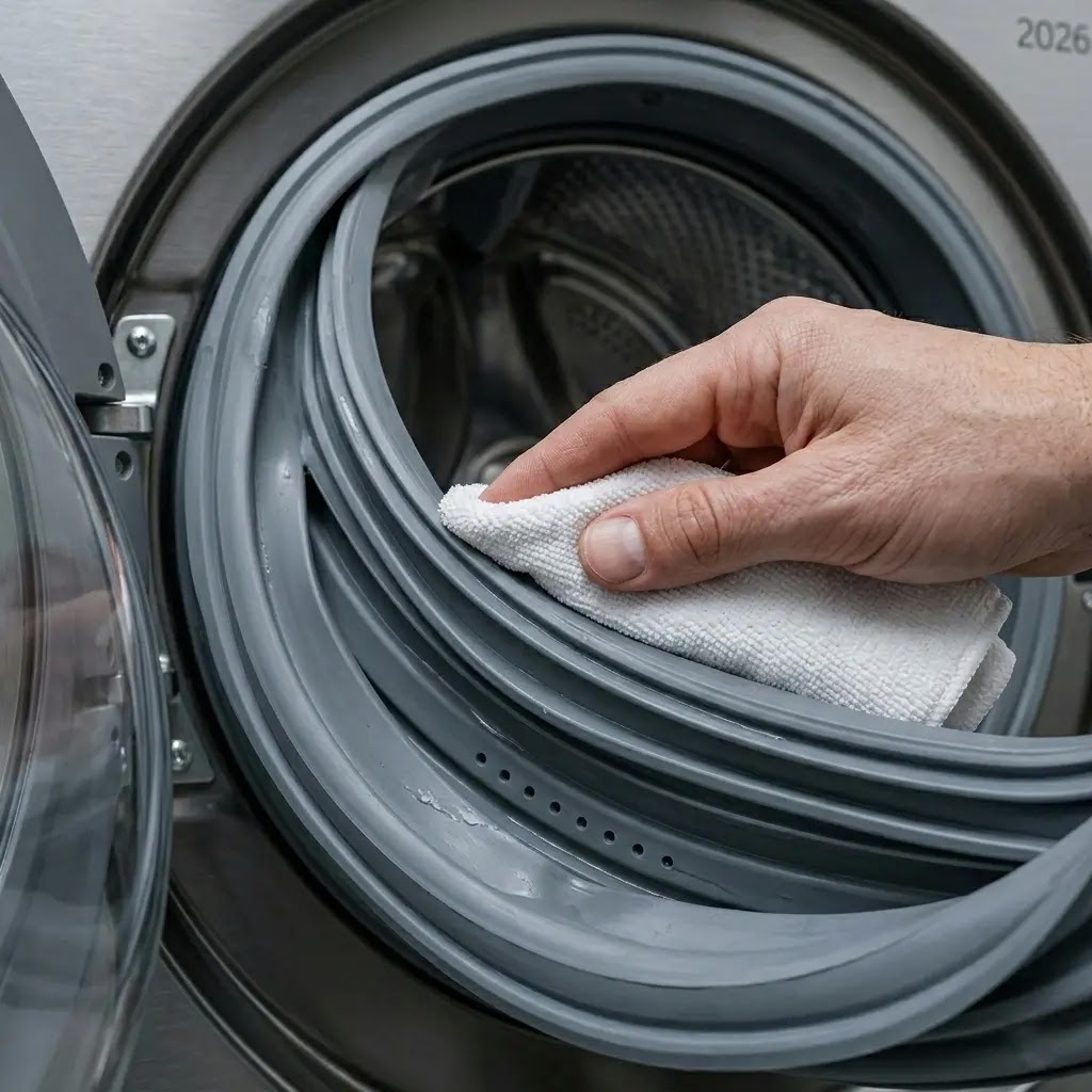 Wiping the rubber door gasket of an LG washer to remove mold and odors.