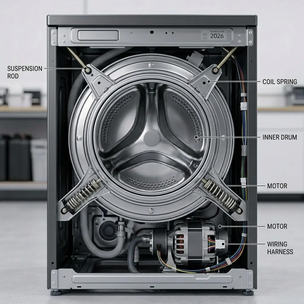 Internal view of suspension rods holding the drum in a Samsung top-load washer.